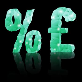 Shiny emerald green polygonal font with reflection on black background. Crystal style per cent and pound sterling signs