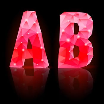 Shiny ruby polygonal font with reflection on black background. Crystal style A and B letters