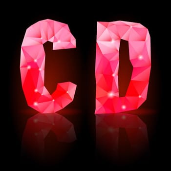 Shiny ruby polygonal font with reflection on black background. Crystal style C and D letters