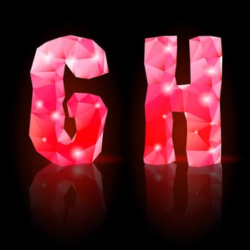 Shiny ruby polygonal font with reflection on black background. Crystal style G and H letters