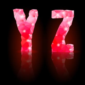 Shiny ruby polygonal font with reflection on black background. Crystal style Y and Z letters