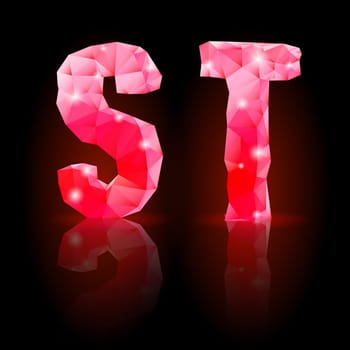 Shiny ruby polygonal font with reflection on black background. Crystal style S and T letters