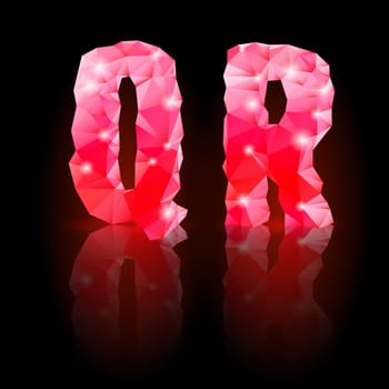 Shiny ruby polygonal font with reflection on black background. Crystal style Q and R letters