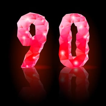 Shiny ruby polygonal font with reflection on black background. Crystal style 9 and 0 numerals