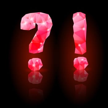 Shiny ruby polygonal font with reflection on black background. Crystal style question and exclamation marks