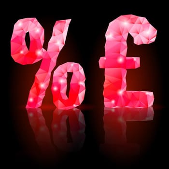 Shiny ruby polygonal font with reflection on black background. Crystal style per cent and pound sterling signs