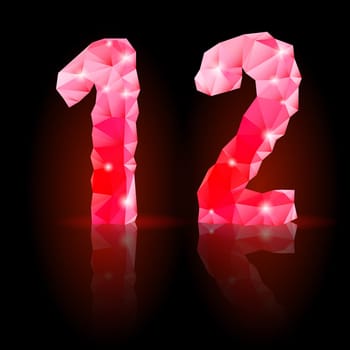 Shiny ruby polygonal font with reflection on black background. Crystal style 1 and 2 numerals