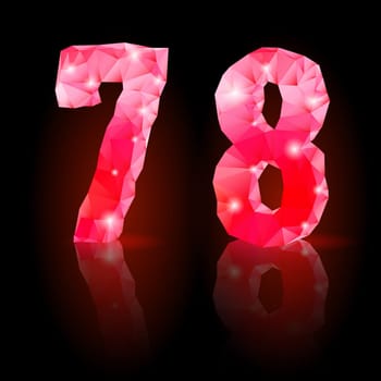 Shiny ruby polygonal font with reflection on black background. Crystal style 7 and 8 numerals