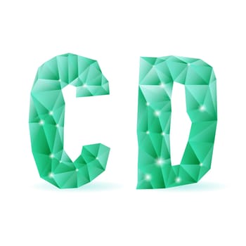Shiny emerald green polygonal font. Crystal style C and D letters