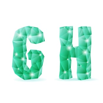 Shiny emerald green polygonal font. Crystal style G and H letters