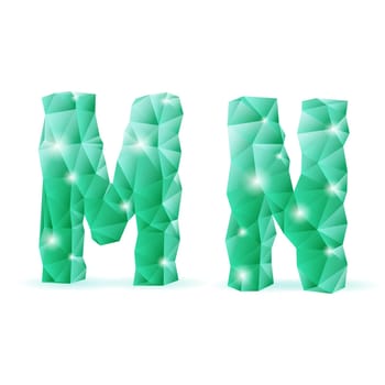 Shiny emerald green polygonal font. Crystal style M and N letters