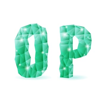 Shiny emerald green polygonal font. Crystal style O and P letters