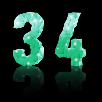 Shiny emerald green polygonal font with reflection on black background. Crystal style 3 and 4 numerals