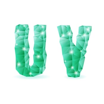 Shiny emerald green polygonal font. Crystal style U and V letters
