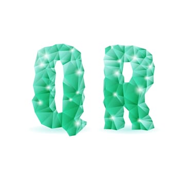 Shiny emerald green polygonal font. Crystal style Q and R letters