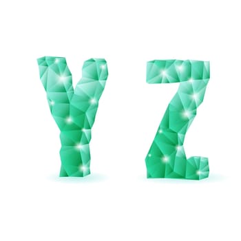 Shiny emerald green polygonal font. Crystal style Y and Z letters