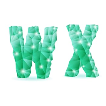 Shiny emerald green polygonal font. Crystal style W and X letters