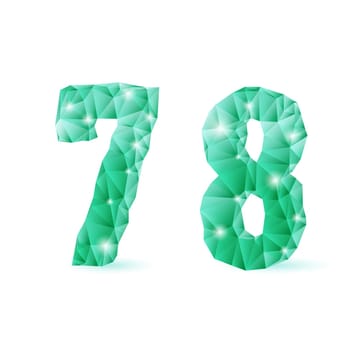 Shiny emerald green polygonal font on white background. Crystal style 7 and 8 numerals