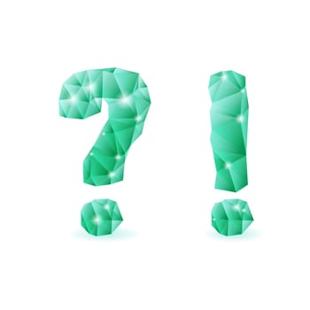 Shiny emerald green polygonal font. Crystal style question and exclamation marks