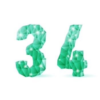 Shiny emerald green polygonal font on white background. Crystal style 3 and 4 numerals
