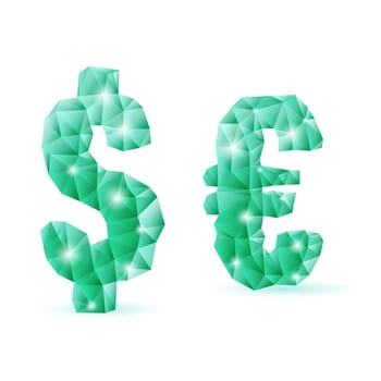 Shiny emerald green polygonal font. Crystal style dollar and euro signs