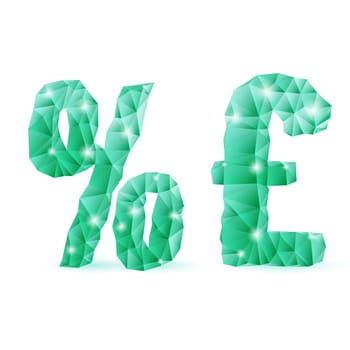 Shiny emerald green polygonal font. Crystal style per cent and pound sterling signs