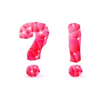 Shiny ruby polygonal font. Crystal style question and exclamation marks