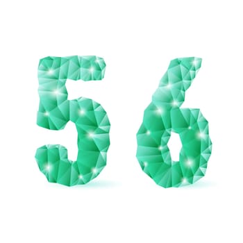 Shiny emerald green polygonal font on white background. Crystal style 5 and 6 numerals