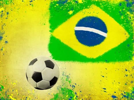 Photo of soccer ball and the colors of the Brazil flag