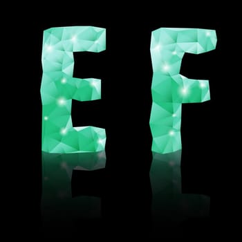 Shiny emerald green polygonal font with reflection on black background. Crystal style E and F letters