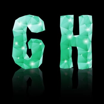 Shiny emerald green polygonal font with reflection on black background. Crystal style Gand H letters