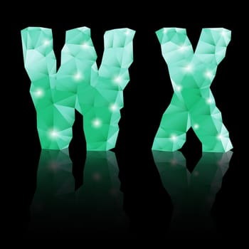 Shiny emerald green polygonal font with reflection on black background. Crystal style W and X letters