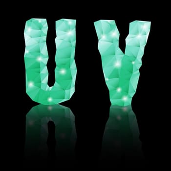 Shiny emerald green polygonal font with reflection on black background. Crystal style U and V letters