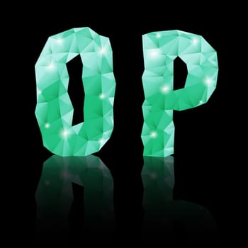 Shiny emerald green polygonal font with reflection on black background. Crystal style O and P letters