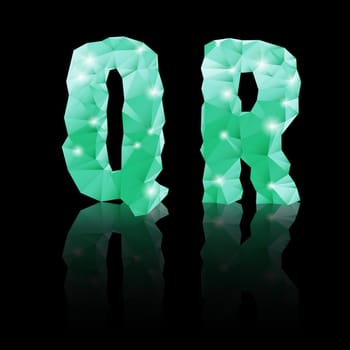 Shiny emerald green polygonal font with reflection on black background. Crystal style Q and R letters
