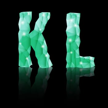 Shiny emerald green polygonal font with reflection on black background. Crystal style K and L letters