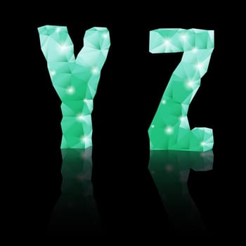 Shiny emerald green polygonal font with reflection on black background. Crystal style Y and Z letters