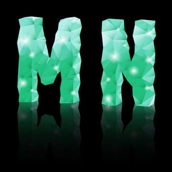 Shiny emerald green polygonal font with reflection on black background. Crystal style M and N letters