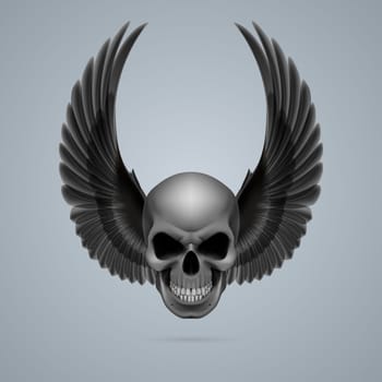 Evil looking skull with two black wings up.