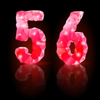 Shiny ruby polygonal font with reflection on black background. Crystal style 5 and 6 numerals