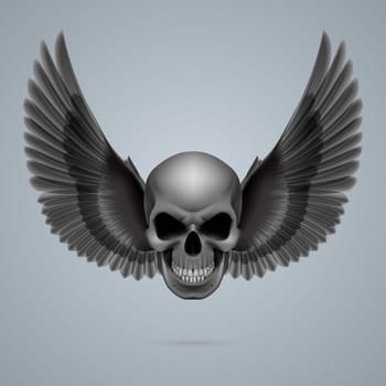 Evil looking skull with two crow wings.