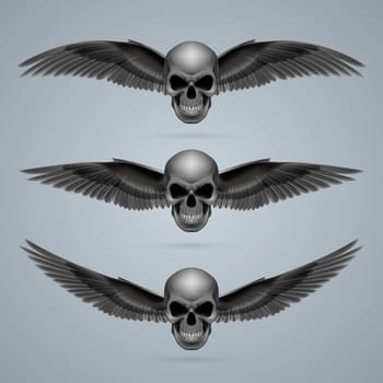 Three evil looking skulls with two wings each.