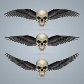Three evil looking ivory coloured two-winged skulls.