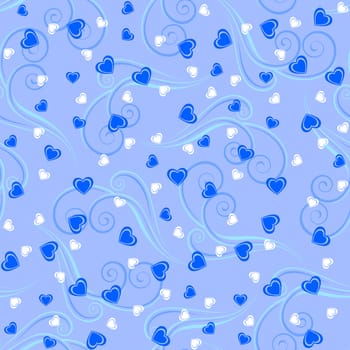 Seamless pattern background with hearts and tendrils in blue colors