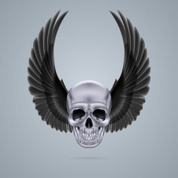 Human skull with two raised crow wings.