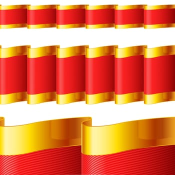 Red ribbons with golden edging. Fabric with highly detailed texture