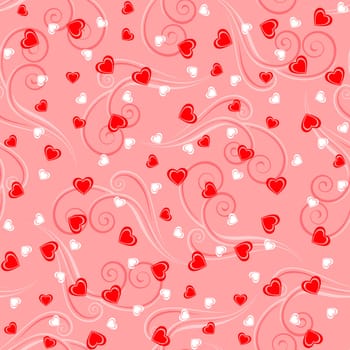 Seamless pattern background with hearts and tendrils in red colors