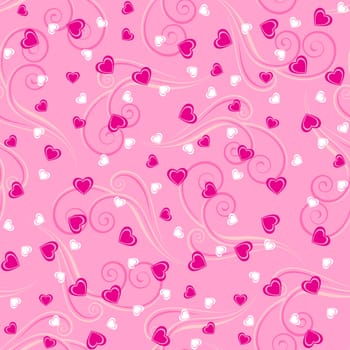 Seamless pattern background with hearts and tendrils in pink colors