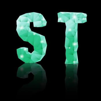 Shiny emerald green polygonal font with reflection on black background. Crystal style S and T  letters