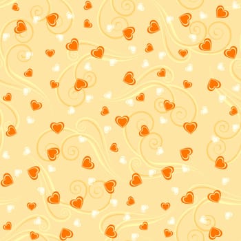 Seamless pattern background with hearts and tendrils in yellow colors